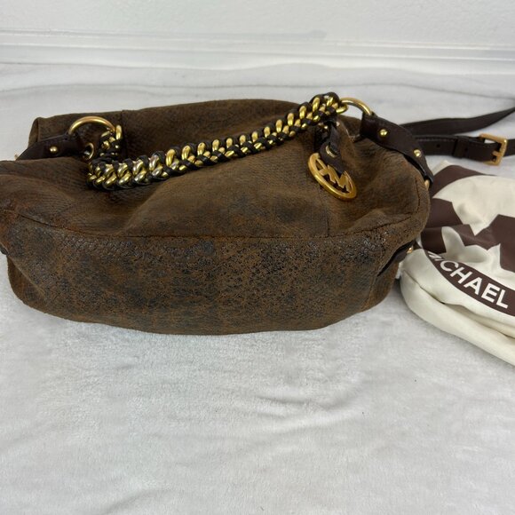 Michael Kors Tristan Mocha Satchel/Crossbody Suede Leather Snakeskin Gold Plated - Picture 4 of 16
